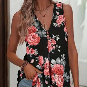 Women's Plus Size Floral Print Relaxed Fit Summer Fashionable Sleeveless Top 14W